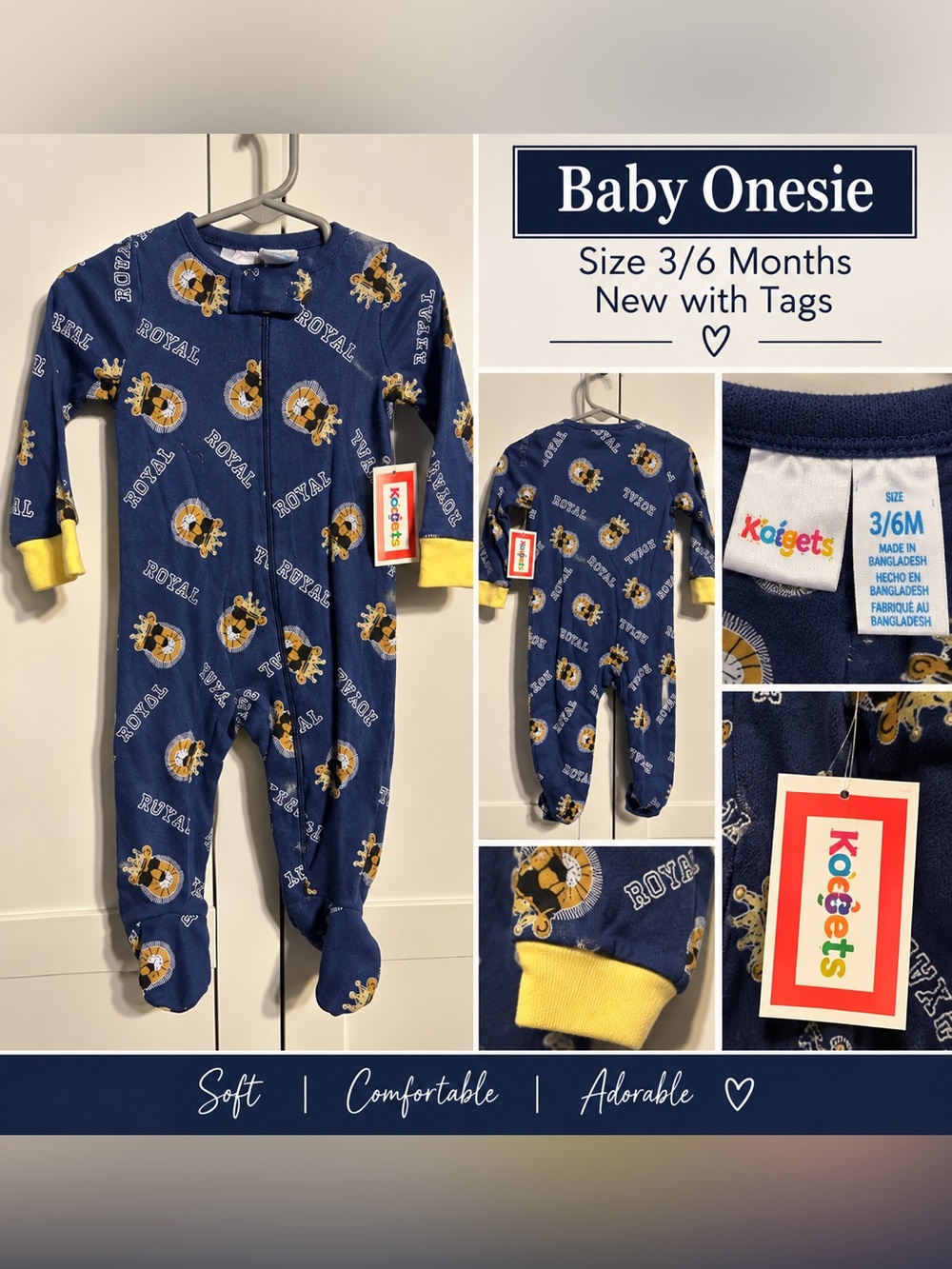 Kidgets Baby Boy Royal Lion Footed Sleeper Pajamas Navy Blue Size 3-6M